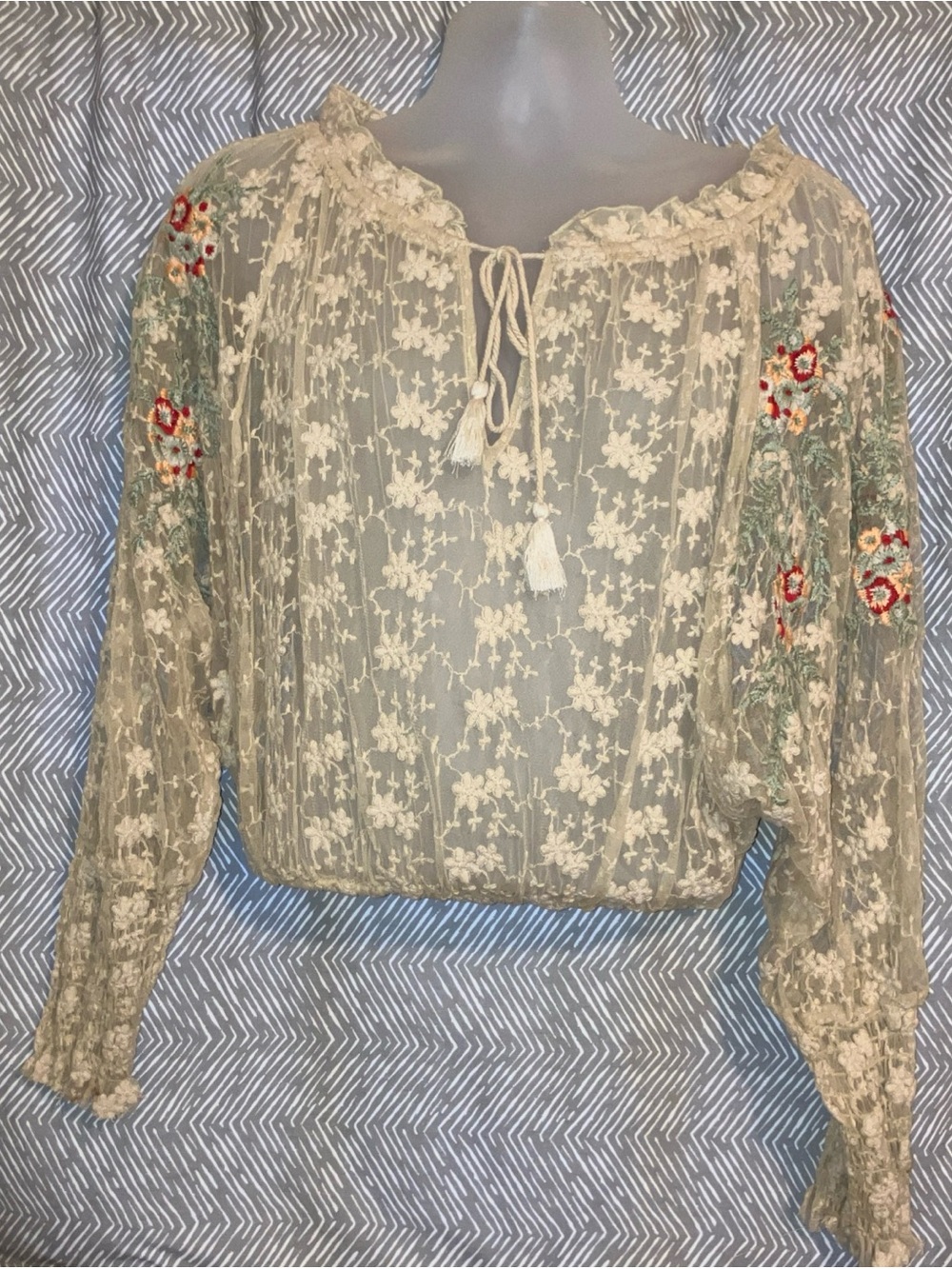 FREE PEOPLE Ivory Jubilee Floral Embroidered Mesh Top M